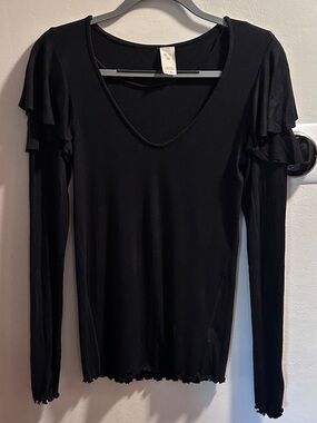 We The Free Black Ruffle-Shoulder Long Sleeve Top